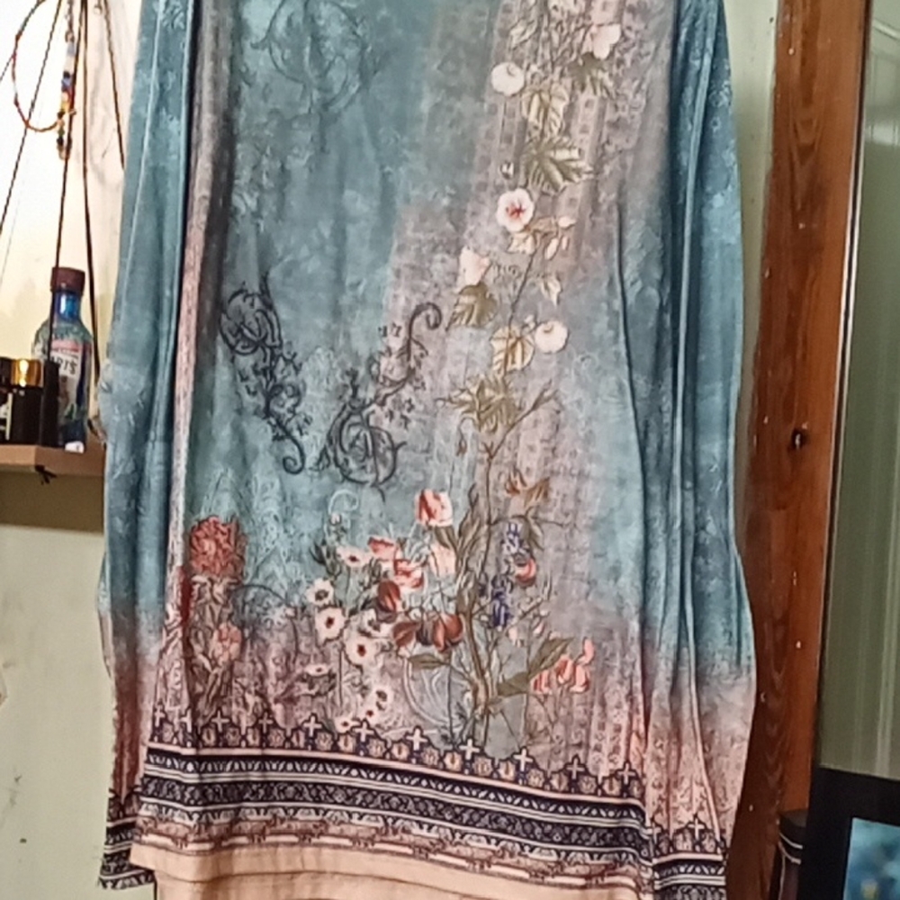 Floral Patterned Blue and Beige Dress